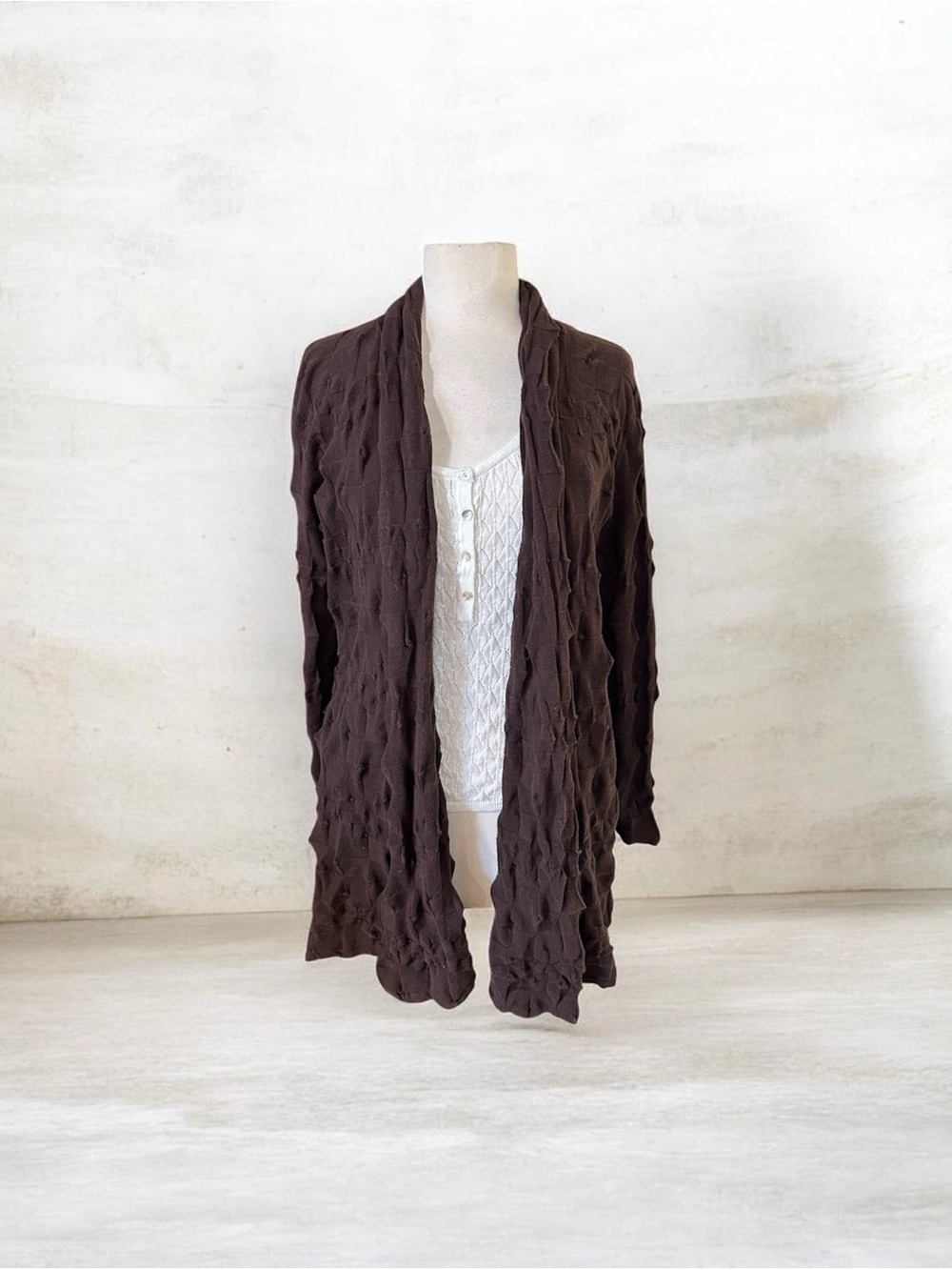 Margaret O'Leary Chocolate Brown 3D Textured Open Front Long Sleeve Cardigan M